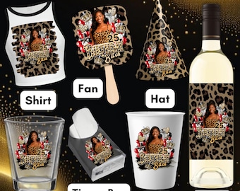 Red cheetah birthday bundle, cheetah print shot glass, leopard & red print cup stickers,