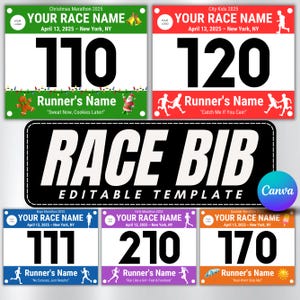 May include: A selection of race bib templates with different designs. Each bib displays a large number, event details, and space for the runner's name. The bibs are in various colours, including green, red, blue, purple, and orange, with festive graphics.
