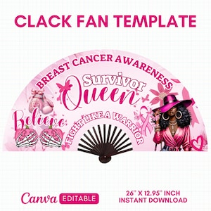 May include: A pink and black hand fan with the text "Breast Cancer Awareness Survivor Queen". The fan features illustrations of boxing gloves, skeletons, butterflies, and a woman in a pink outfit. The fan measures 26 inches by 12.95 inches.