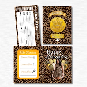 K&ouml;nnte beinhalten: Ein Set Partyzubeh&ouml;r im Leopardenmuster. Enth&auml;lt eine Bordkarte, einen Reisepass, eine Detailkarte und eine Geburtstagskarte mit einer Frau in einem Leopardenkleid und dem Schriftzug "Happy Birthday".
