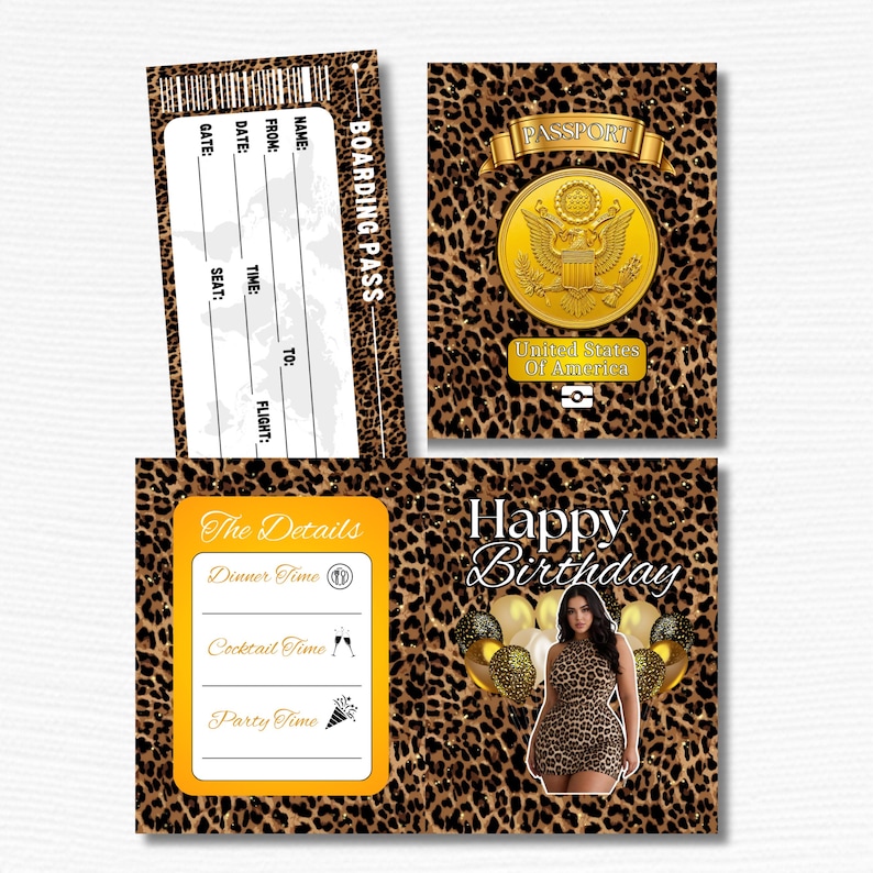K&ouml;nnte beinhalten: Ein Set Partyzubeh&ouml;r im Leopardenmuster. Enth&auml;lt eine Bordkarte, einen Reisepass, eine Detailkarte und eine Geburtstagskarte mit einer Frau in einem Leopardenkleid und dem Schriftzug "Happy Birthday".
