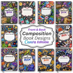 May include: A collection of ten composition books featuring various colorful graphic patterns on black backgrounds, including themes like dinosaurs, space, gaming, fantasy, sports, ocean life, construction vehicles, and monster trucks with text.