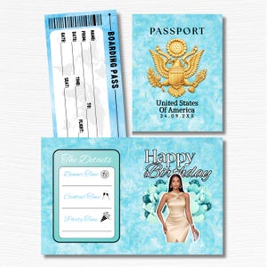 K&ouml;nnte beinhalten: Eine Sammlung von Party-Themen-Papeterie-Artikeln auf hellblauem Hintergrund. Enth&auml;lt einen Boarding Pass, einen Reisepass mit goldenem Emblem und eine Karte mit den Texten "The Details" und "Happy Birthday". Die Geburtstagskarte zeigt eine Frau in einem goldenen Kleid.