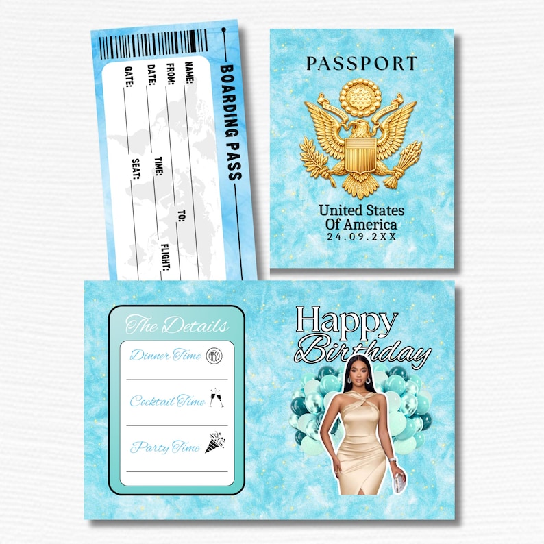 K&ouml;nnte beinhalten: Eine Sammlung von Party-Themen-Papeterie-Artikeln auf hellblauem Hintergrund. Enth&auml;lt einen Boarding Pass, einen Reisepass mit goldenem Emblem und eine Karte mit den Texten "The Details" und "Happy Birthday". Die Geburtstagskarte zeigt eine Frau in einem goldenen Kleid.