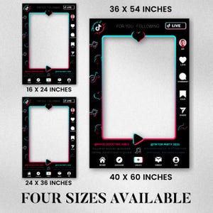 May include: Black photo booth frames with a teal and pink border, featuring social media icons and text. Available in four sizes: 16 x 24 inches, 24 x 36 inches, 36 x 54 inches, and 40 x 60 inches.