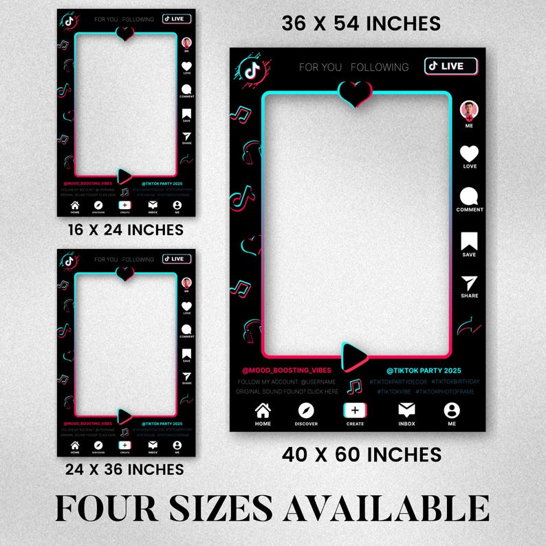 May include: Black photo booth frames with a teal and pink border, featuring social media icons and text. Available in four sizes: 16 x 24 inches, 24 x 36 inches, 36 x 54 inches, and 40 x 60 inches.