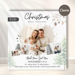 May include: A promotional graphic for Christmas mini sessions. The image features a family of three, with the text "Christmas mini sessions" and "Book Your Spot Now". Additional text includes session details and pricing.