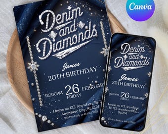 Denim and Diamonds Birthday invitation, Editable Denim Birthday Dinner Invites, denim and diamonds Party Invite, Canva Template