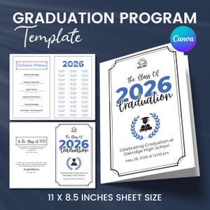 May include: A graduation program template with the text "GRADUATION PROGRAM Template" at the top. The design includes a program outline, a list of names, and a graduation announcement with the text "The Class Of 2026 Graduation". The sheet size is 11 x 8.5 inches.