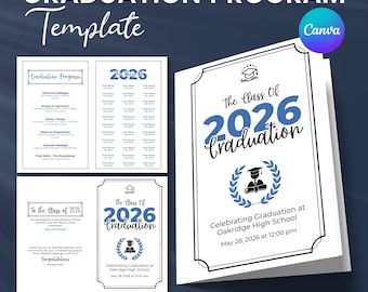 Modelo de Programa de Formatura 2026 Editável, Cartão para Cerimônia de Formatura, Turma de 2026, Programa de Formatura do Ensino Médio e Superior, Download Imediato