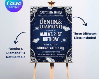 Denim and Diamonds Birthday Sign, Denim & Diamonds Welcome Board, Printable Birthday Welcome Sign, Editable Canva Template, Instant Download