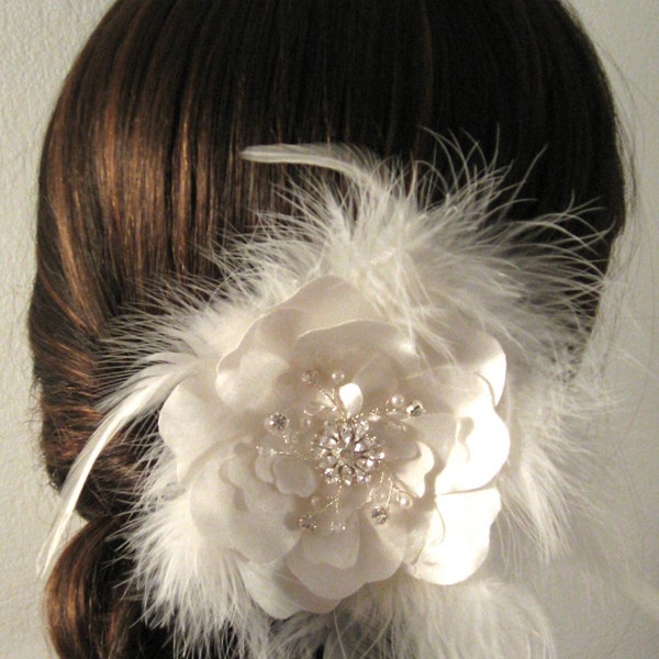 Goose Feathers fascinator, Hand Cut Silk Satin, Organdy Petals centered with Austrian Crystal Rhinestone settings with Crystals and Freshwater Pearl hand wire wrapped vines