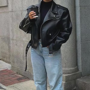 Women&#39;s Oversized Leather Biker Jacket Ladies Leather Jacket Streetwear for Fall/Winter Black Leather Jackets for Women