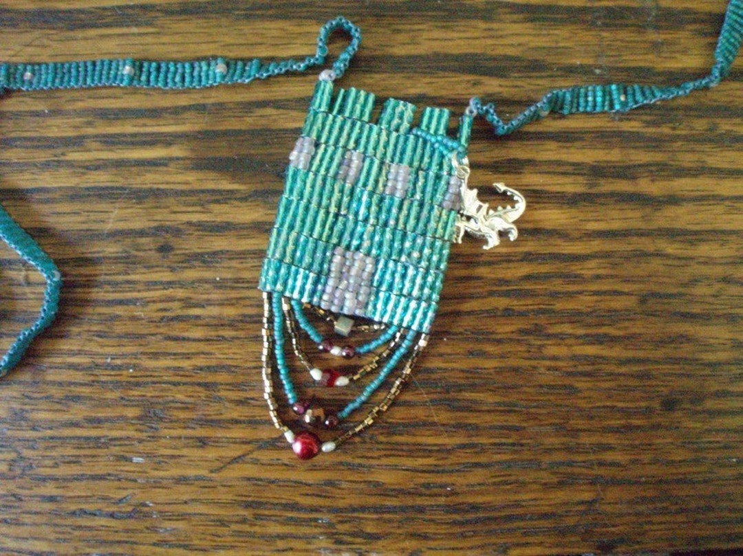 Beaded Turquoise Castle Reticule With Dragon Charm, Garnet, and Pearl ...