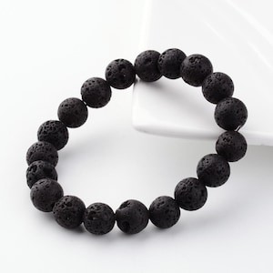 Stretch bracelet made of natural lava stones – 10 mm – Lithotherapy jewelry for men and women – Handmade elastic bracelet