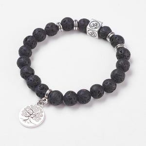 Stretch bracelet made of natural lava stone – Tree of Life & Ohm – Lithotherapy jewelry for men and women – Burlap packaging