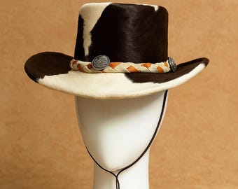cowhide Cowboy leather hat : Hair-on-Hide Western Rodeo style