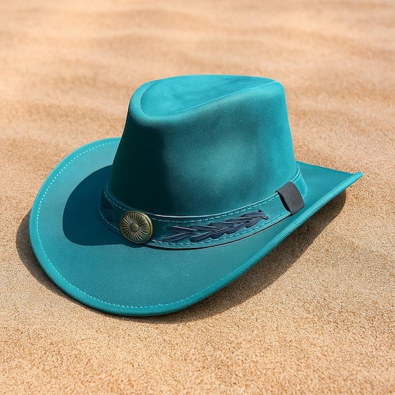 New vintage dark teal August leather hat Black & Turquoise Leather Band Cowboy Hat – Animo Hat & Apparel main image 4