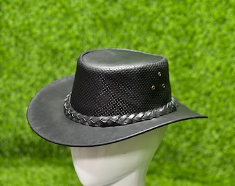 Handmade Black Leather Cowboy Hat: Western Ranch Rodeo Style hat
