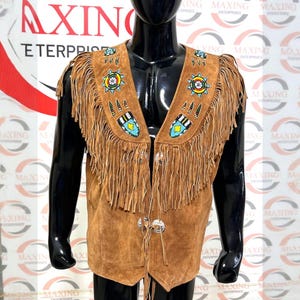 Men&#39;s Genuine Leather Western Wear Suede Vest Beads Bone Fringes Braided Cowboy Waistcoat Gift for him her Dad day Gift
