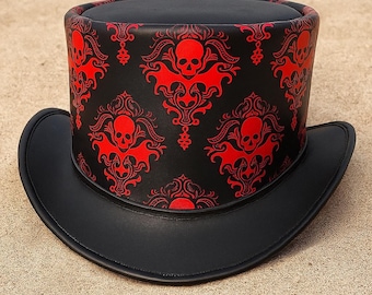 Black Leather Skull Top Hat, Steampunk Pirate Hat, Red Gothic Skull Hat, Pirate Costume Hat, Victorian Top Hat, Gothic Cosplay Hat