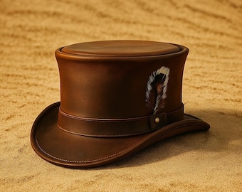 Bruine leren steampunk hoge hoed: gotische Victoriaanse kostuumhoed met veren voor cosplay