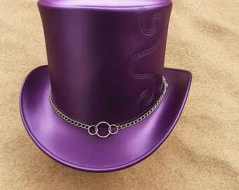 Sombrero de copa de cuero morado: Sombrero de disfraz steampunk con detalle de cadena