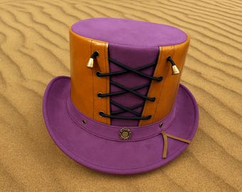 Cappello a cilindro Steampunk: cappello da cosplay vittoriano in pelle viola e marrone