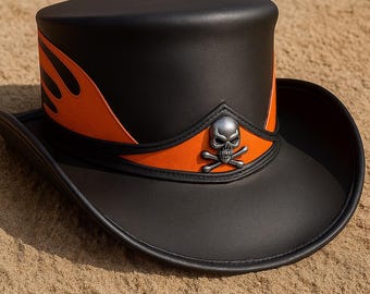 Black Gothic Leather Top Hat, Skull Steampunk Hat, Orange Flame Top Hat, Gothic Costume Hat, Victorian Cosplay Hat, Alternative Fashion