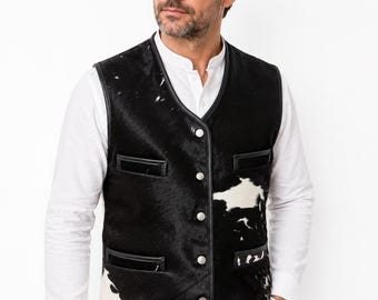 Men’s Cowhide Leather Western Biker vest:  Hair-On-Hide Hand-stitched Rodeo Style waistcoat