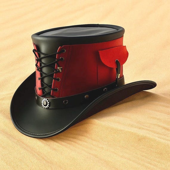 Steampunk Top Hat: Black and Red Leather Cosplay Costume Hat  display picture 2