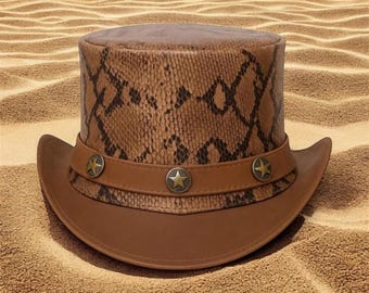 Handmade Snake Print Leather Top Hat: Wide Brim Steampunk Cosplay Victorian hat