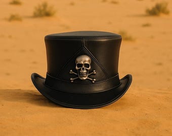 Cartola de couro preto com caveira: Chapéu de pirata steampunk