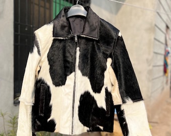 Chaqueta de cuero de vacuno con auténtico pelo de poni estilo motero: Abrigo de piel con pelo de vaca natural