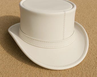 Handmade White Leather Top Hat: Steampunk Cosplay, Victorian Style