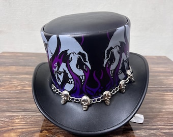 Black Leather Steampunk Skull Top Hat, Pirate Costume Hat, Gothic Cosplay Hat, Skull Top Hat, Victorian Steampunk Hat, Alternative Fashion