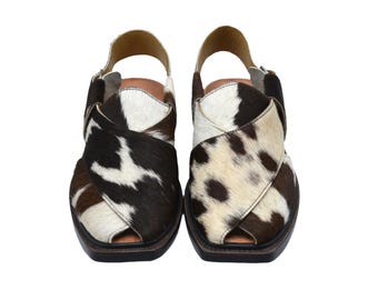 Black Cowhide Leather men’s peshawri Chappal : Indian style hair on hide sandal