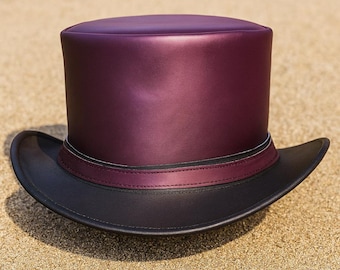 Steampunk Top Hat:  Burgundy Black Leather Victorian style cosplay hat