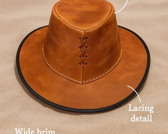 Sombrero de vaquero de cuero rústico marrón: sombrero de cosplay victoriano de ala ancha estilo western
