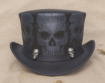 Black Leather Skull Top Hat, Steampunk Costume Hat, Gothic Skull Hat, Victorian Steampunk Hat, Unisex Cosplay Hat, Alternative Fashion Hat