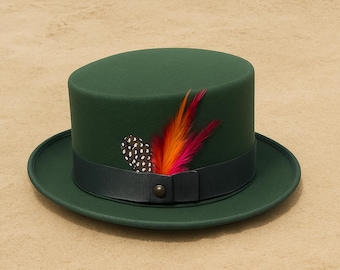 Chapéu clássico Steampunk de lã verde feito à mão: chapéu formal vitoriano