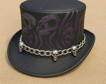 Black Leather Steampunk Skull Top Hat, Pirate Costume Hat, Gothic Cosplay Hat, Skull Top Hat, Victorian Steampunk Hat, Alternative Fashion