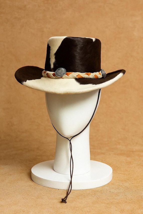 Cowhide Cowboy Leather Hat : Hair-on-hide Western Rodeo  display picture 3