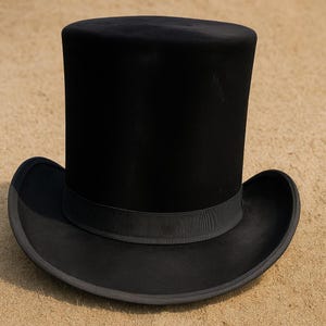 Könnte beinhalten: Ein schwarzer Zylinderhut mit runder Krone und breiter Krempe. Der Hut hat ein schwarzes Ripsband um die Basis der Krone. Ein klassisches formelles Accessoire.