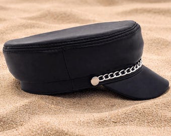 Black Leather Fisherman Cap, Greek Fiddler Sailor Vintage Style yachtsman’s Hat