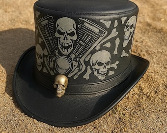 Black Leather Skull Top Hat, Steampunk Gothic Hat, Skull Costume Hat, Gothic Top Hat, Victorian Steampunk Hat, Halloween Cosplay Hat