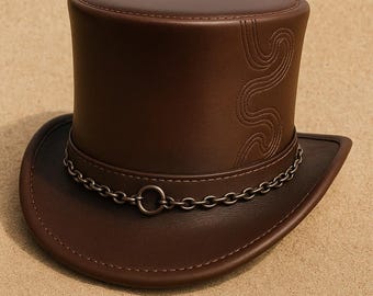 Brown Embossed Leather Top Hat: Steampunk chain Accent Victorian hat