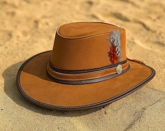 Cappello da cowboy in pelle rustica marrone: cappello in stile rodeo con tesa larga occidentale