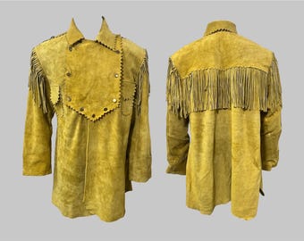 Vintage Suede Leather Fringe Western Shirt Jacket: Handmade Rodeo