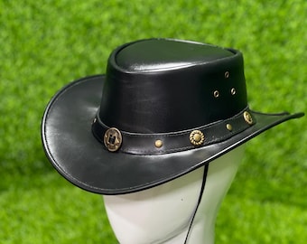 Handmade Black Leather Cowboy Hat: Western rodeo Style